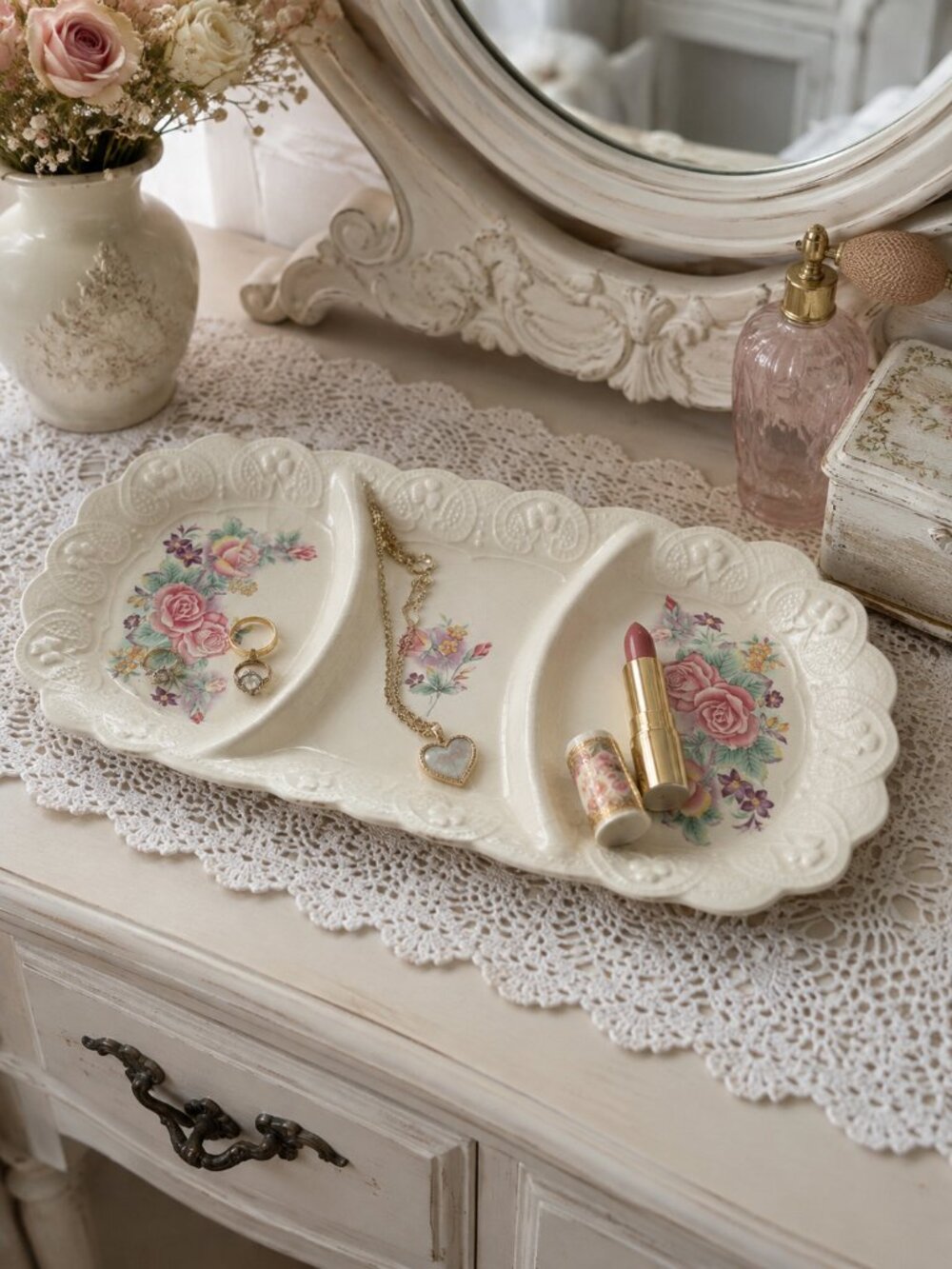 Vintage Hamagn Shabby Chic 15 inch Vanity Tray - Organizer-Pink Rose